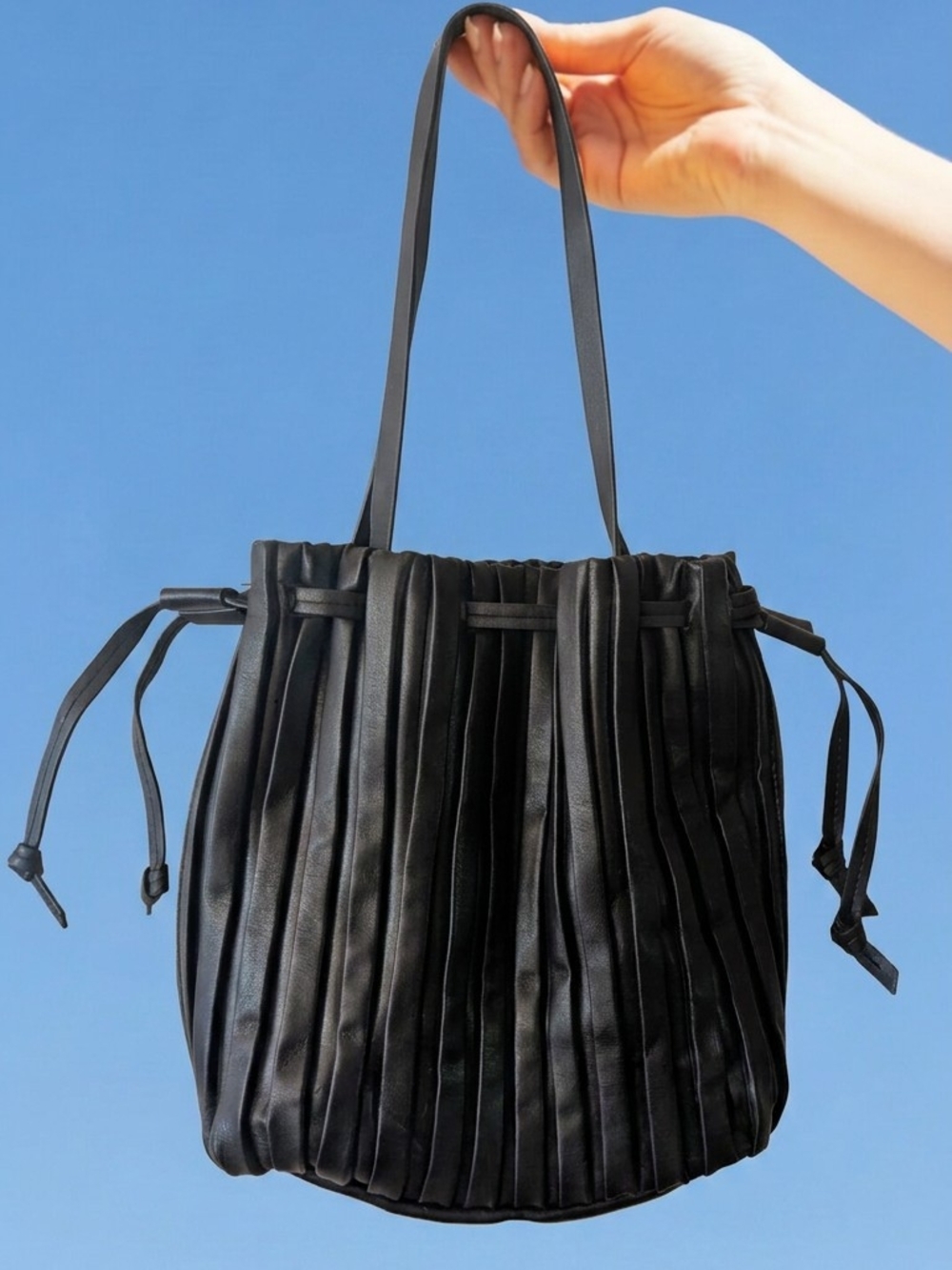 Black Pleated Drawstring Shoulder Bag - Women